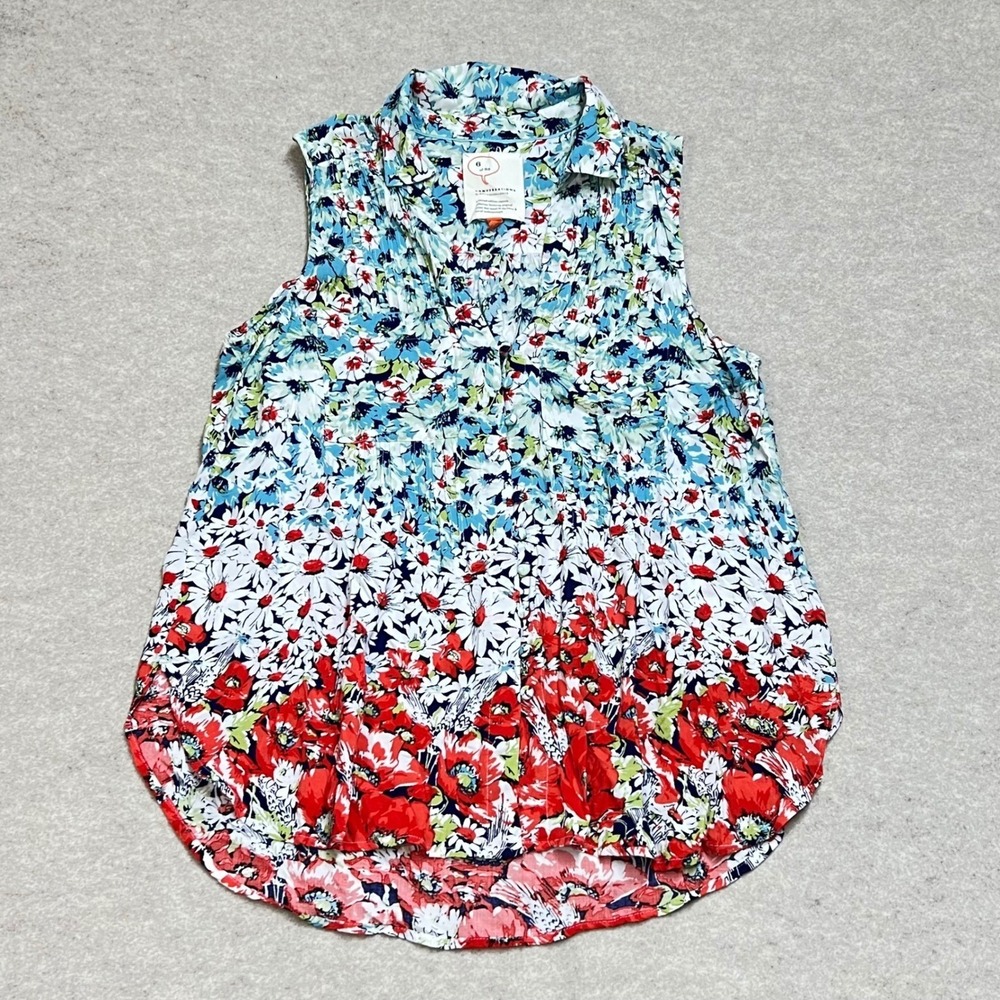 Anthropologie Conversations Floral Sleeveless Button Front Blouse Red Blue Small